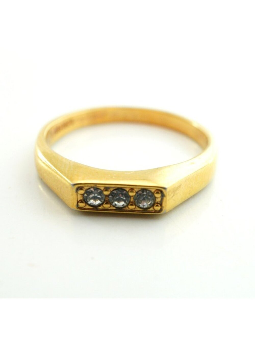 Vintage Avon 1985 Tailored Gold-Tone Ring Three Clear Rhinestones Size 8.5